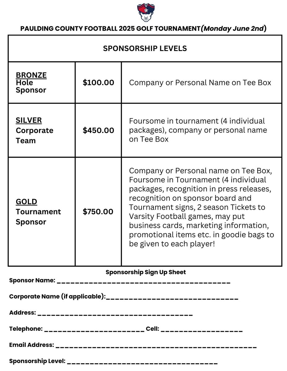 Paulding County Football (@pchs_patsfb) on Twitter photo Announcing our inaugural Patriots Football Golf Tournament! MONDAY June 2, 2025 <a href="/GolfWoodland/">Woodland Hills Golf</a>⛳️We are currently accepting 4-man teams and Hole Sponsorships! Get a team together and get signed up. #GoPats🇺🇸⛳️🏈 <a href="/PCHS_PatsFB/">Paulding County Football</a> <a href="/PCHS_Pats/">Paulding County High School</a> Announcing our inaugural Patriots Football Golf Tournament! MONDAY June 2, 2025 <a href="/GolfWoodland/">Woodland Hills Golf</a>⛳️We are currently accepting 4-man teams and Hole Sponsorships! Get a team together and get signed up. #GoPats🇺🇸⛳️🏈 <a href="/PCHS_PatsFB/">Paulding County Football</a> <a href="/PCHS_Pats/">Paulding County High School</a>