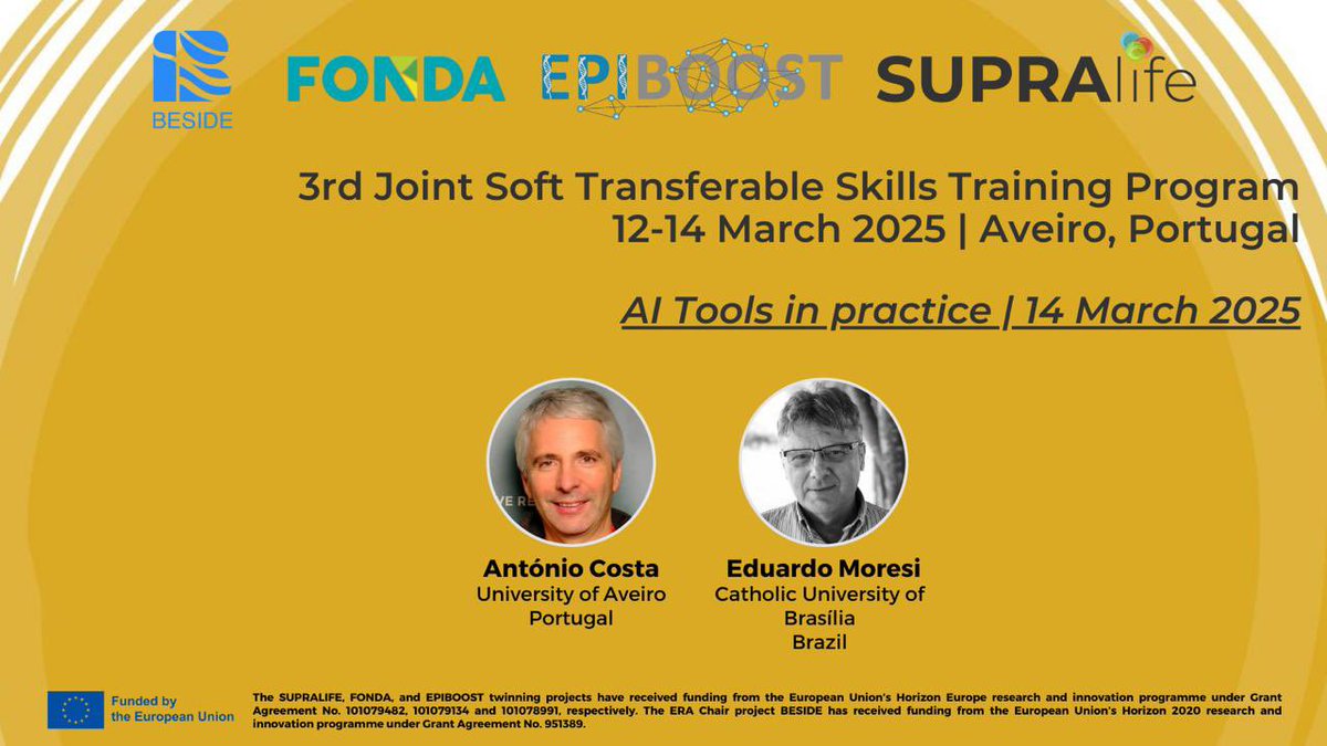 SupraLife (@supralife_eu) on Twitter photo 🤖 AI is revolutionizing research!
Join António Costa (<a href="/UnivAveiro/">Universidade Aveiro</a>) & <a href="/eduardomoresi/">Eduardo Moresi</a> at #SUPRALIFE Soft Skills Training in Aveiro, Portugal for "AI Tools in Practice" on 14 March 2025 in Aveiro.
🛠️ Discover how AI can enhance scientific research!
<a href="/EPIBOOST22/">EPIBOOST</a>
<a href="/ciceco_ua/">CICECO – Aveiro Institute of Materials</a> 🤖 AI is revolutionizing research!
Join António Costa (<a href="/UnivAveiro/">Universidade Aveiro</a>) & <a href="/eduardomoresi/">Eduardo Moresi</a> at #SUPRALIFE Soft Skills Training in Aveiro, Portugal for "AI Tools in Practice" on 14 March 2025 in Aveiro.
🛠️ Discover how AI can enhance scientific research!
<a href="/EPIBOOST22/">EPIBOOST</a>
<a href="/ciceco_ua/">CICECO – Aveiro Institute of Materials</a>