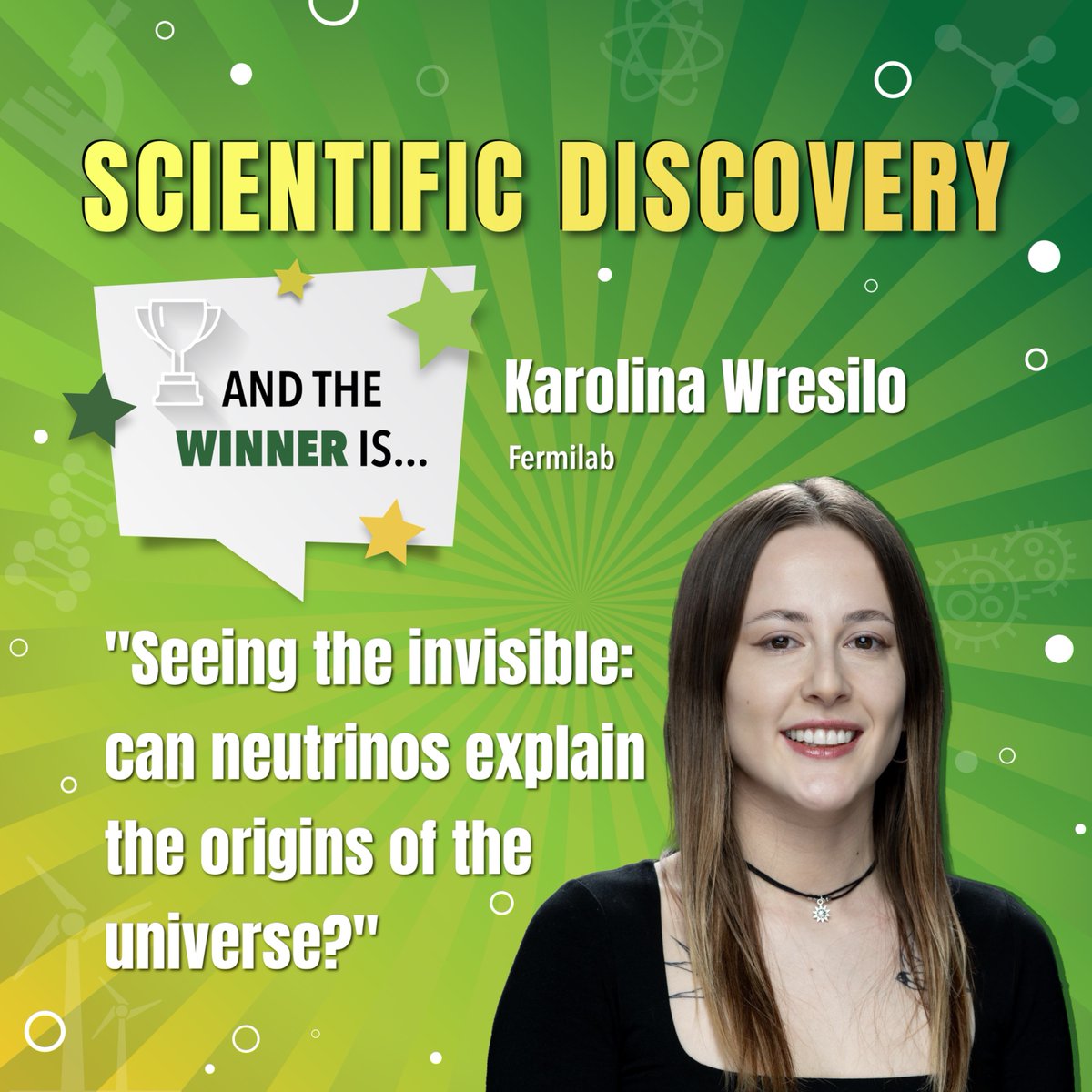 Fermilab's tweet image. Congratulations to Fermilab’s Karolina Wresilo for winning the Scientific Discovery award at #NLSLAM25! 🏆 Missed the #NationalLabSLAM? Catch all the exciting presentations from finalists representing each of the @ENERGY National Laboratories at nlresearchslam.org.