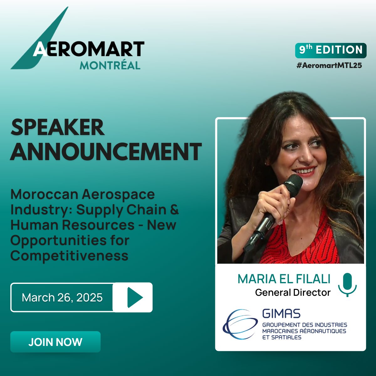 Speaker Announcement 🌟

We welcome Maria El Filali, from GIMAS - Groupement des Industries Marocaines Aéronautiques et Spatiales, to the speaker lineup!

She will be discussing about the Moroccan Aerospace Industry, focusing on supply chain and human resources.