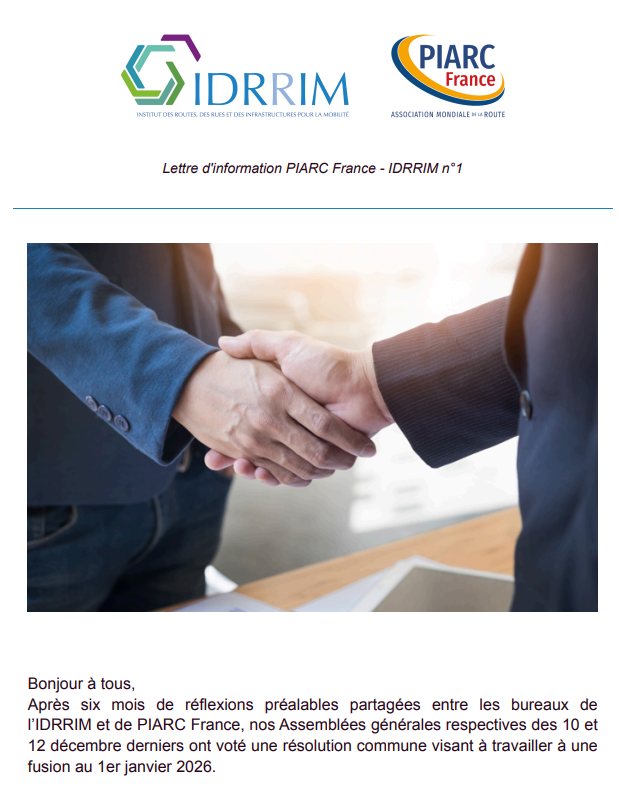 📢 Consultez la 1ère lettre d'information de la fusion <a href="/PIARC_France/">PIARC France</a> - <a href="/IDRRIM/">IDRRIM</a> 

Nos Assemblées générales respectives des 10 et 12 décembre derniers ont voté une résolution commune visant à travailler à une fusion au 1er janvier 2026.

👉 idrrim.com/actualites-pre…