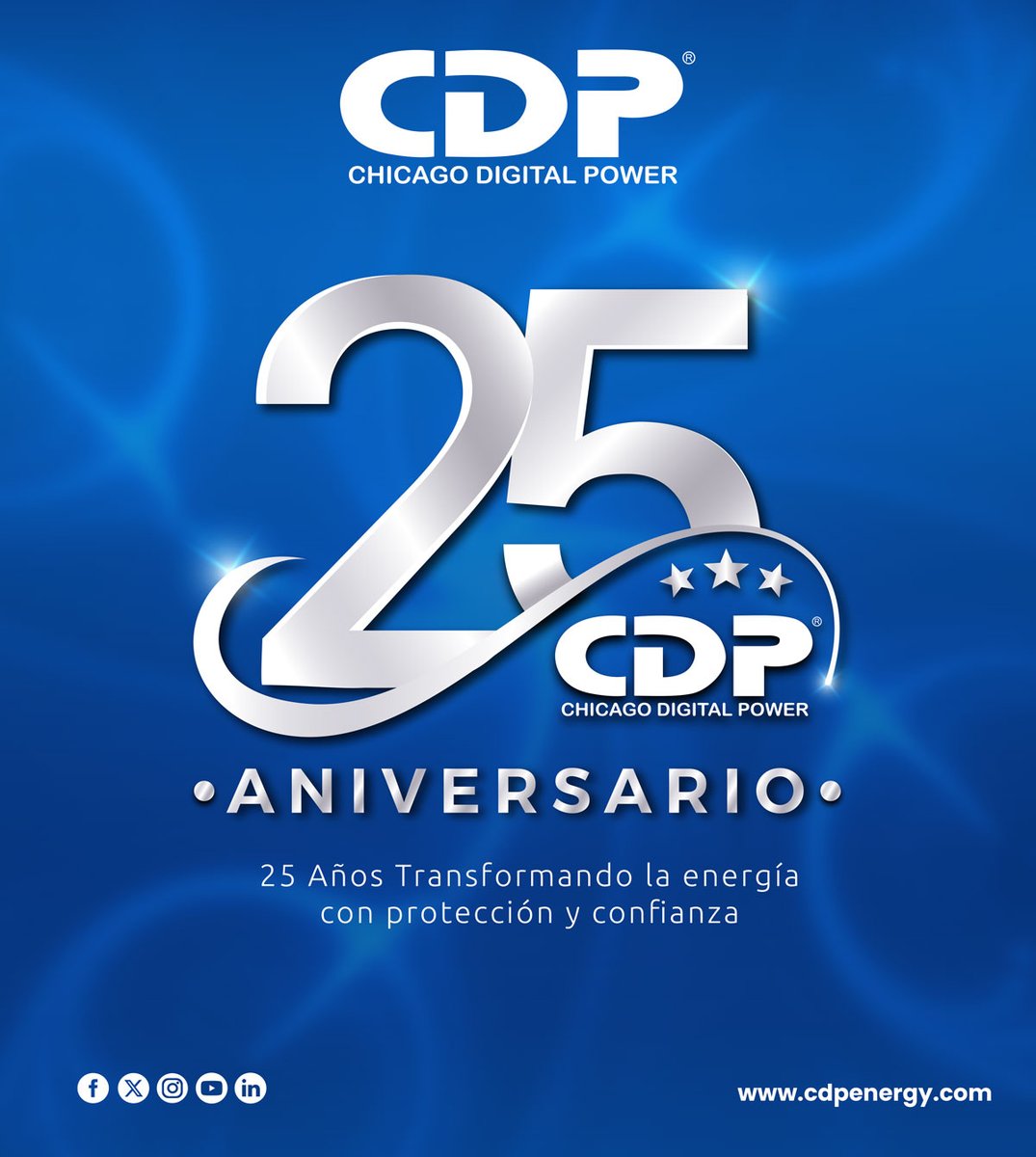 🔵 25 AÑOS TRANSFORMANDO LA ENERGÍA CON PROTECCIÓN Y CONFIANZA⚡
Hoy celebramos 25 años siendo el motor detrás de la continuidad, la innovación y la energía confiable que mueve industrias, hogares y empresas. 🚀🎊🎉

#CDP25Años 🎂 #EnergíaQueImpulsa ⚡ #InnovaciónSinLímites 🚀