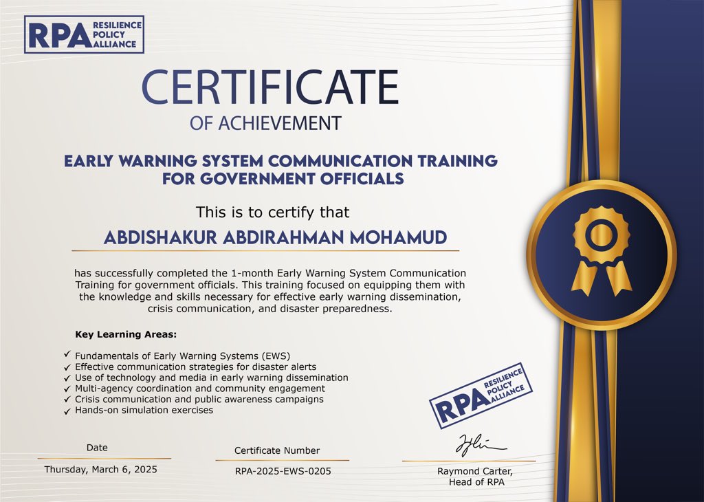 Proud to complete the 
one-month Early Warning System Communication Training for Government Officials, gaining expertise in crisis communication, disaster alerts, rapid response coordination, community engagement and multi-agency collaboration to enhance disaster preparedness.