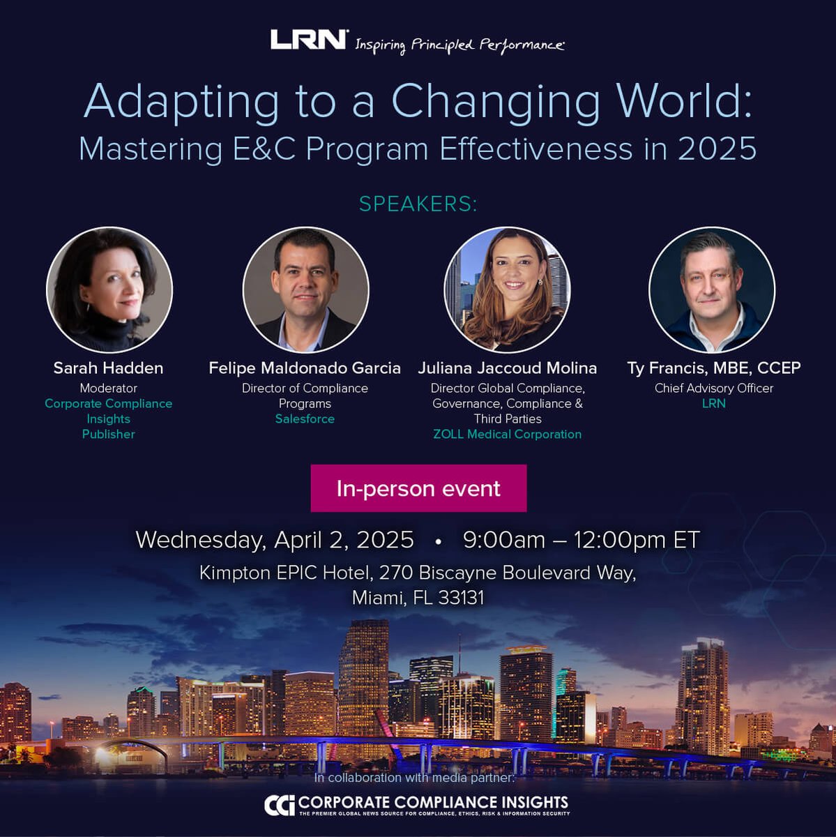 Calling all senior compliance leaders, legal officers and General Counsels in the Miami area April 2*..I am thrilled to be joining <a href="/LRN/">LRN</a> once again for another in-person masterclass -- this time in *Miami.* Please join us! lrn.com/events-miami-p…