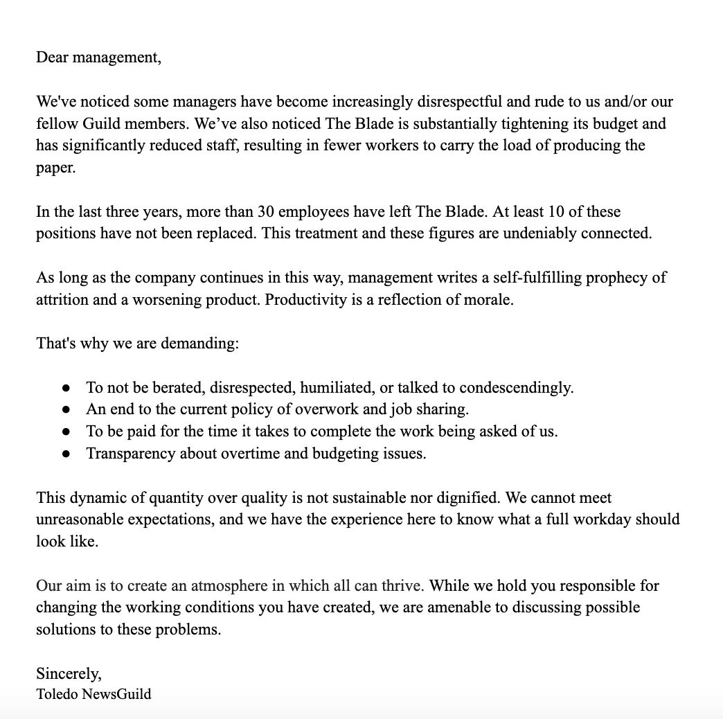 bladeguild's tweet image. We delivered to Blade mgmt. a letter signed by the majority of members demanding:
-Pay for the time it takes to complete the workload being asked of us.
-Ending the current policy of overwork & job sharing.
-Transparency on overtime & budgeting.
-Respect.
We won't accept less.