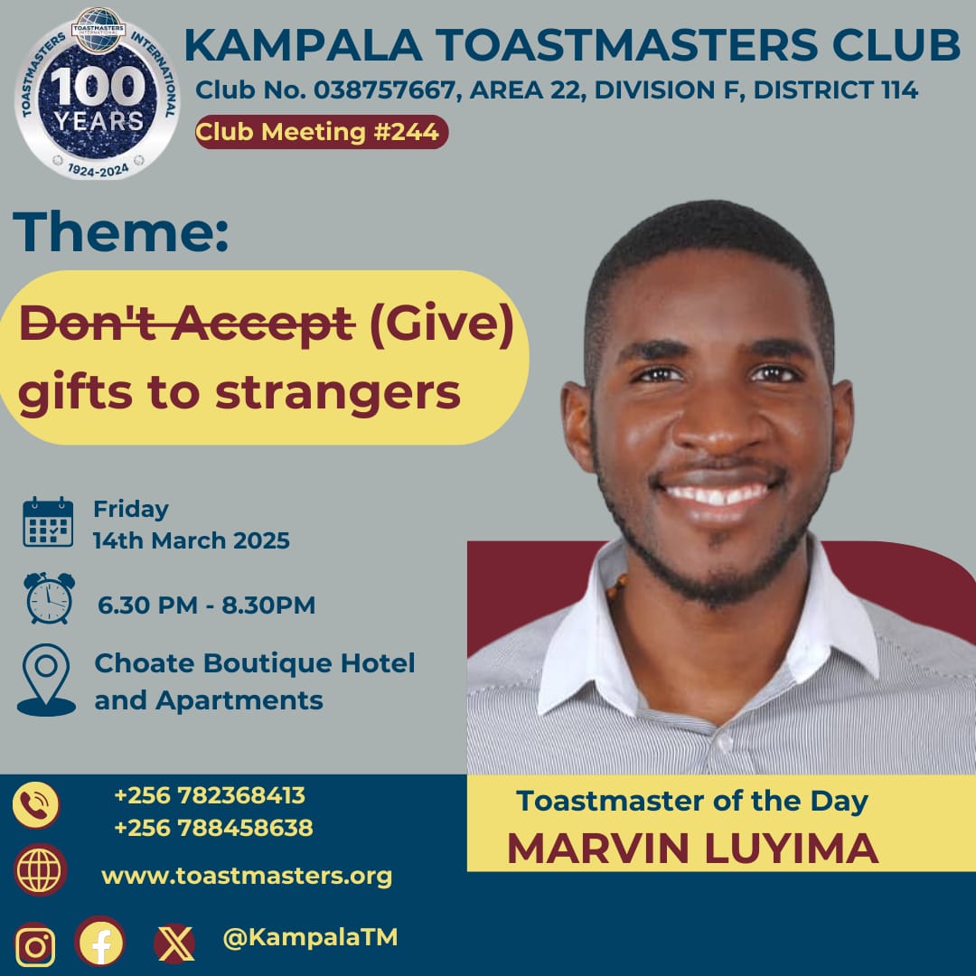 Have you ever given a gift to a stranger—without expecting anything in return? 🎁✨ Join Kampala Toastmasters for a heartfelt meeting themed " Give Gifts to Strangers." 🎤 Grow your confidence, share stories &amp; connect! Share this &amp; bring a friend! 🤗🌟 #Toastmasters