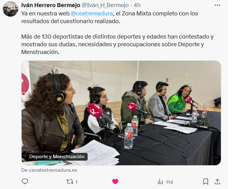 Muy muy interesante esto de <a href="/deportesCEX/">Extremadura Deportes</a> en <a href="/cextremadura/">Canal Extremadura</a>. 
canalextremadura.es/audio/deporte-…
Felicidades <a href="/soniabejarawi/">Sonia Bejarano</a>, <a href="/flavinhalima17/">Flavia Lima</a> #mariareina, <a href="/Ivan_H_Bermejo/">Iván Herrero Bermejo</a> y <a href="/alexcarpallo/">Alex Carpallo</a> 

<a href="/FJyD/">Fundación Jóvenes y Deporte 🅵🅹🆈🅳 💚🤍🖤</a> <a href="/jovendeportEXT/">Jóvenes y Deportes Extremadura</a> <a href="/infouex/">UEx</a> <a href="/fcd_uex/">F CC Deporte - UEx</a>