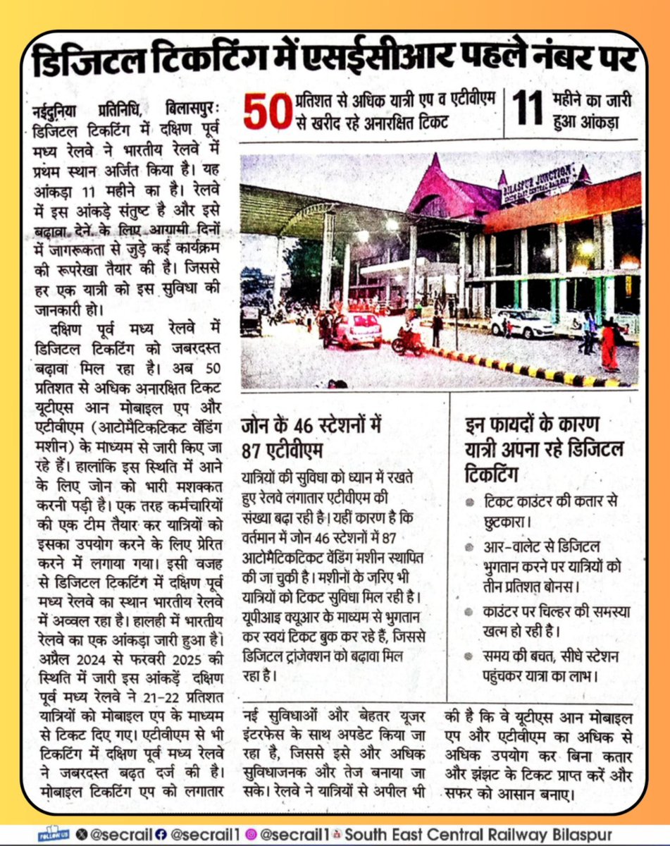 secrail's tweet image. दक्षिण पूर्व मध्य रेलवे ने रचा नया कीर्तमान। 
.
.
@RailMinIndia @GMSECR 
#ATVM #IndianRailways #SECR