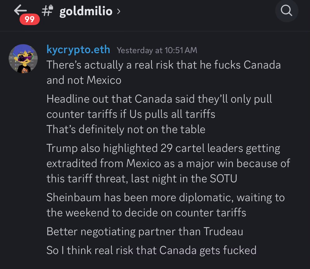 kycrypto.eth | BLASTR (@k2_nft) on Twitter photo Posted this yesterday morning.
<a href="/realDonaldTrump/">Donald J. Trump</a> just announced a USMCA exemption for Mexico.
No announcement on Canada (yet?)
Goldmilio Posted this yesterday morning.
<a href="/realDonaldTrump/">Donald J. Trump</a> just announced a USMCA exemption for Mexico.
No announcement on Canada (yet?)
Goldmilio