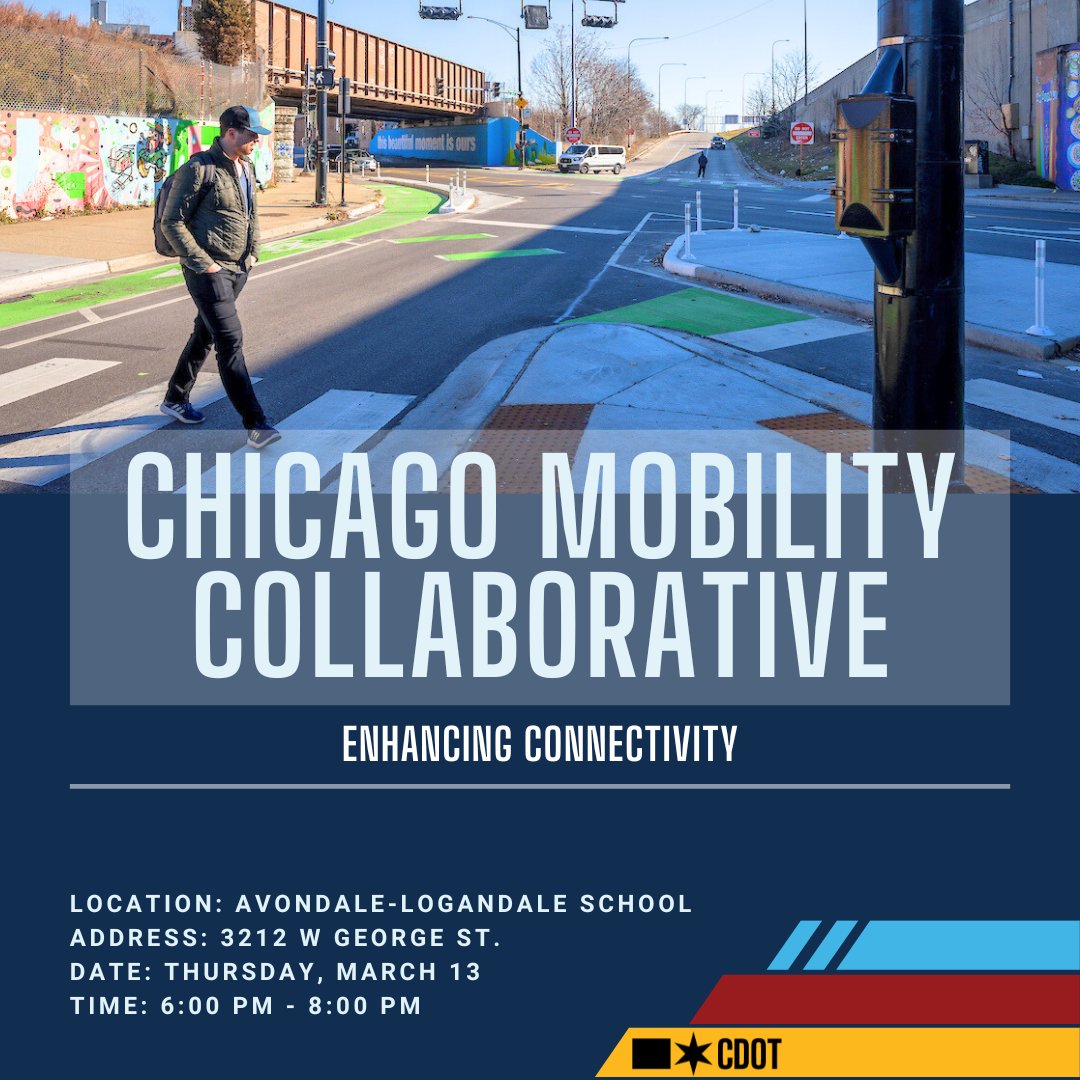 CDOT (@chicagodot) on Twitter photo Join us for the next Chicago Mobility Collaborative on March 13! Connect with community leaders and fellow Chicagoans to discuss ways to improve mobility in our city.
đź“…March 13th
⏱️6:00 - 8:00 PM
📍Avondale-Logandale School, 3212 W George St.
RSVP: cloud.citynews.chicago.gov/2025CMC_March_… Join us for the next Chicago Mobility Collaborative on March 13! Connect with community leaders and fellow Chicagoans to discuss ways to improve mobility in our city.
đź“…March 13th
⏱️6:00 - 8:00 PM
📍Avondale-Logandale School, 3212 W George St.
RSVP: cloud.citynews.chicago.gov/2025CMC_March_…