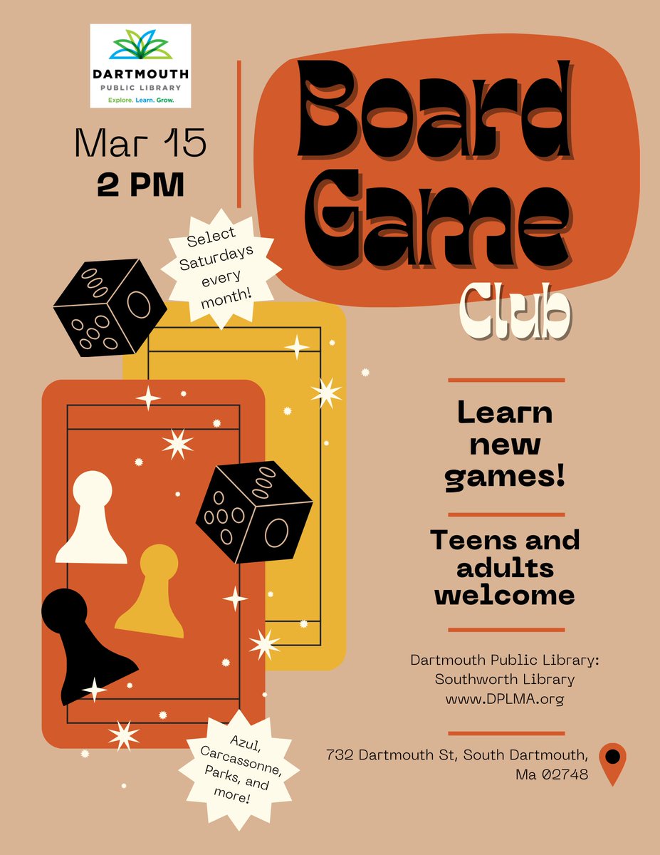 dartlibraries's tweet image. Did you know we have a new board game club? It meets on select Saturdays once a month. March&apos;s meeting will March 15th at 2pm at Southworth Library.