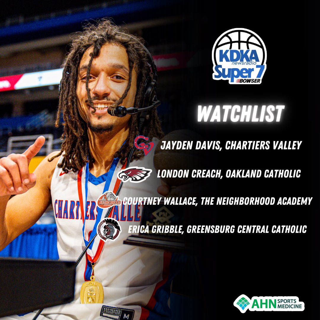 🏀 KDKA Super 7 Watch List 🏀

🔹 Jayden Davis, Chartiers Valley
🔹 London Creach, Oakland Catholic
🔹 Courtney Wallace, The Neighborhood Academy
🔹 Erica Gribble, Greensburg Central Catholic

#WPIAL #KDKAHoops #PoWerOfBowser