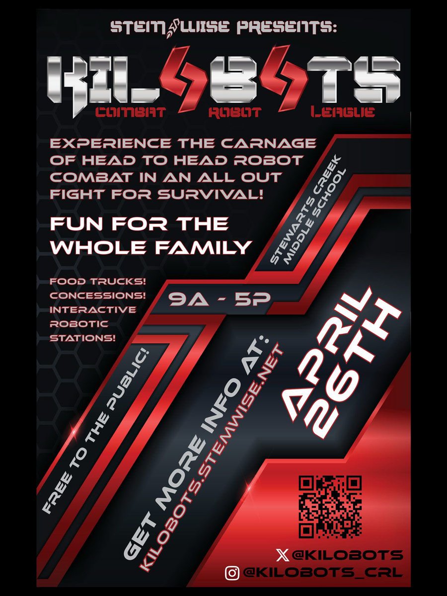 🤖🔥 LET’S GO KRAZY FOR KILOBOTS! 🔥🤖

On April 26th, student-built 1kg 3D-printed combat robots battle for victory! ⚔️💥 FREE for the public—food trucks, robotics &amp; more!

📍 Stewarts Creek MS
🔗 kilobots.stemwise.net

#Kilobots #BattleBots #STEM