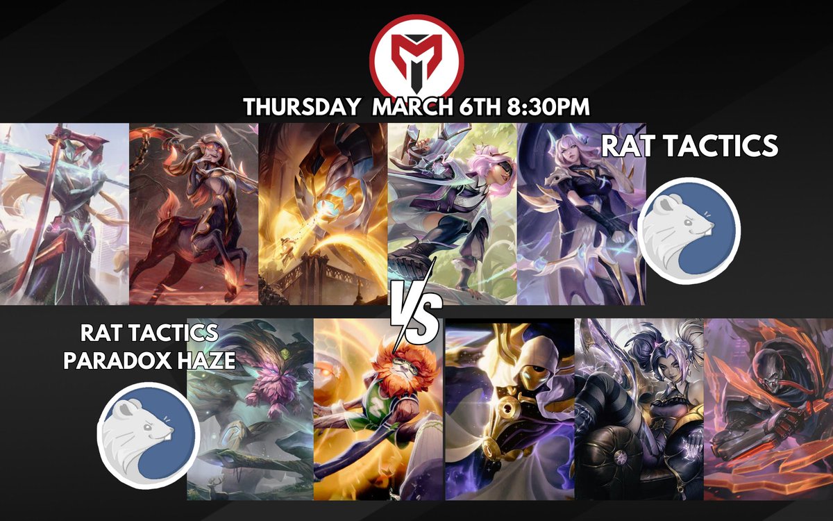 Tonight in <a href="/MurkAcademy/">Murk Academy</a> at 8:30pm, Rat Tactics takes on their sister team Rat Tactics Paradox Haze. Which team will get Zeri? Will either support get their hands on Ashe? Stay tuned🐀