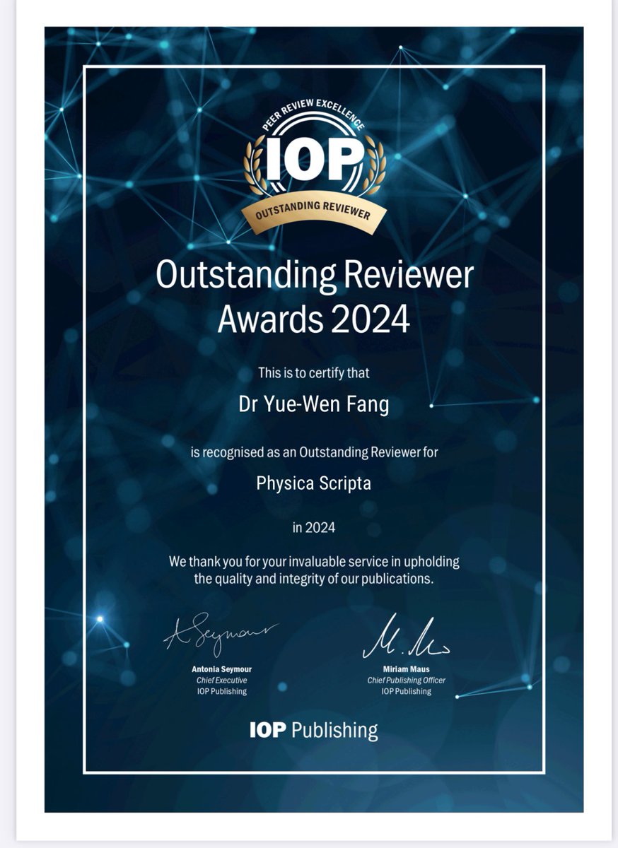 Yue-Wen FANG (@yuewenfang) on Twitter photo Thanks to <a href="/IOPPublishing/">IOP Publishing</a> & anonymous editors! After 2 yrs, I’m honored to receive Outstanding Reviewer Award once again. Despite spending the shortest time in Europe during my career, most awards have come from here. Thanks Europe for the encouragement <a href="/CFMdonostia/">CFM</a> <a href="/CSICdivulga/">CSIC Divulga</a> Thanks to <a href="/IOPPublishing/">IOP Publishing</a> & anonymous editors! After 2 yrs, I’m honored to receive Outstanding Reviewer Award once again. Despite spending the shortest time in Europe during my career, most awards have come from here. Thanks Europe for the encouragement <a href="/CFMdonostia/">CFM</a> <a href="/CSICdivulga/">CSIC Divulga</a>
