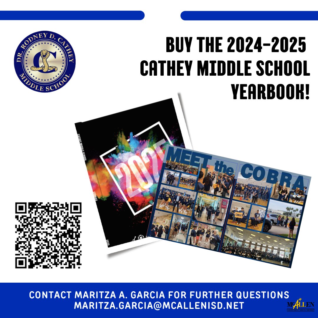 CatheyMSLib's tweet image. Attention Cathey Middle School Parents &amp;amp; Guardians! Don&apos;t miss out on capturing your child&apos;s unforgettable memories! 🎉📸 Secure your 2024-2025 Cobra Yearbook today and preserve the moments that make this school year special. Relive the best events, achievements, and friendship