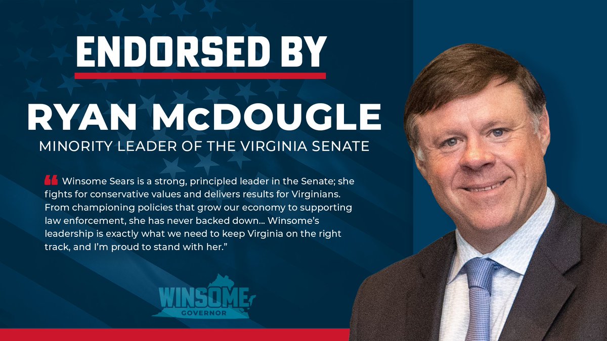 Winsome Earle-Sears (@winwithwinsome) on Twitter photo Thank you, Leader <a href="/ryanmcdougle/">Ryan McDougle</a>, for your vote of confidence. I’ve never backed down from a fight, and as governor, I’ll deliver conservative results that grow our economy and keep Virginia safe. Thank you, Leader <a href="/ryanmcdougle/">Ryan McDougle</a>, for your vote of confidence. I’ve never backed down from a fight, and as governor, I’ll deliver conservative results that grow our economy and keep Virginia safe.