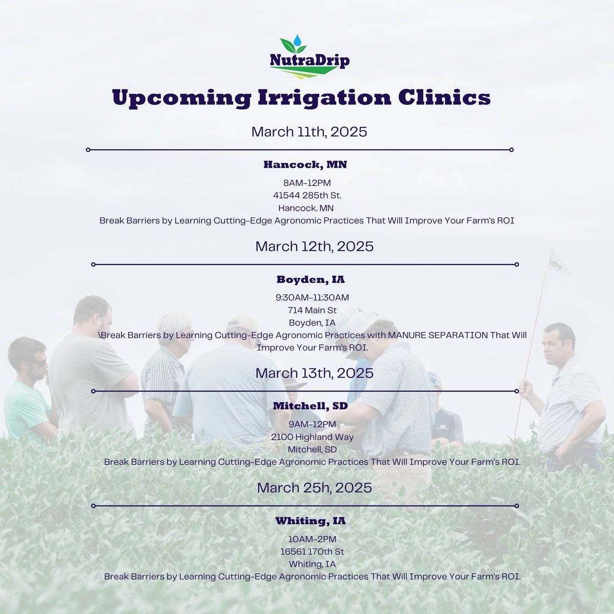 Our Northern Irrigation Clinics are just around the corner! Secure your spot now by registering on our website under the Events tab. Don’t miss out—we’ll see you next week!
nutradrip.com/events/