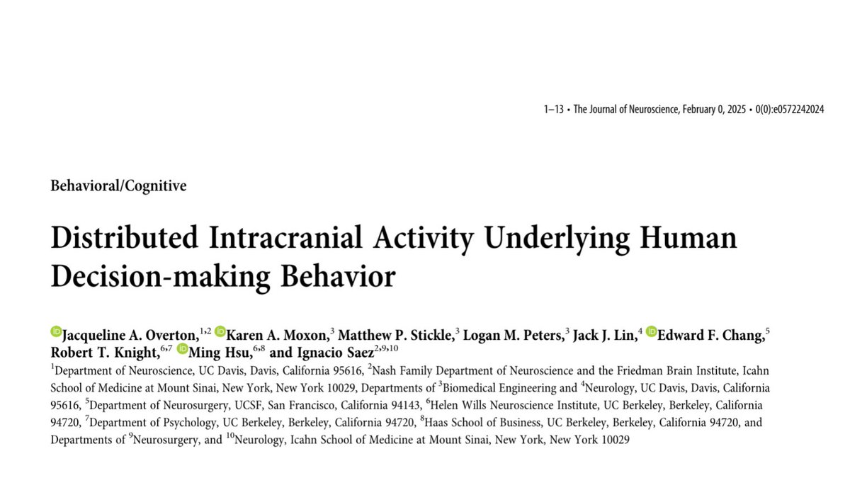 Excited to share the Saez lab’s latest work exploring the neural basis of human decision-making!

Our new #JNeurosci study sheds light on local vs brain-wide activity underlying economic choices in the human brain.

jneurosci.org/content/early/…

(1/7)