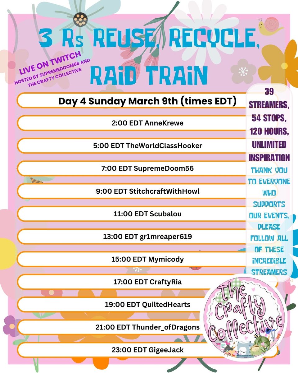 Live on Twitch. The 1st The Crafty Collective raid train. 39 streamers crafting their way to the next creative person. Join us to see fiber arts, paper crafts, upcycling, traditional art... and so much more. find the entire schedule down below thecraftycollective.ca/RaidTrain.html
Day 4
