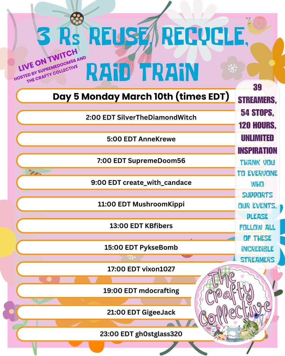 Live on Twitch. The 1st The Crafty Collective raid train. 39 streamers crafting their way to the next creative person. Join us to see fiber arts, paper crafts, upcycling, traditional art... and so much more. find the entire schedule down below thecraftycollective.ca/RaidTrain.html
Day 5