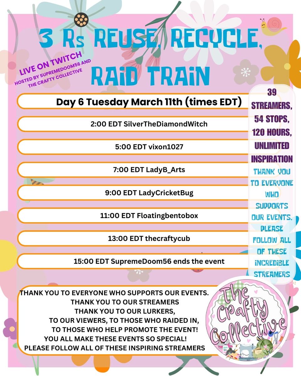 Live on Twitch. The 1st The Crafty Collective raid train. 39 streamers crafting their way to the next creative person. Join us to see fiber arts, paper crafts, upcycling, traditional art... and so much more. find the entire schedule down below thecraftycollective.ca/RaidTrain.html
Day 6