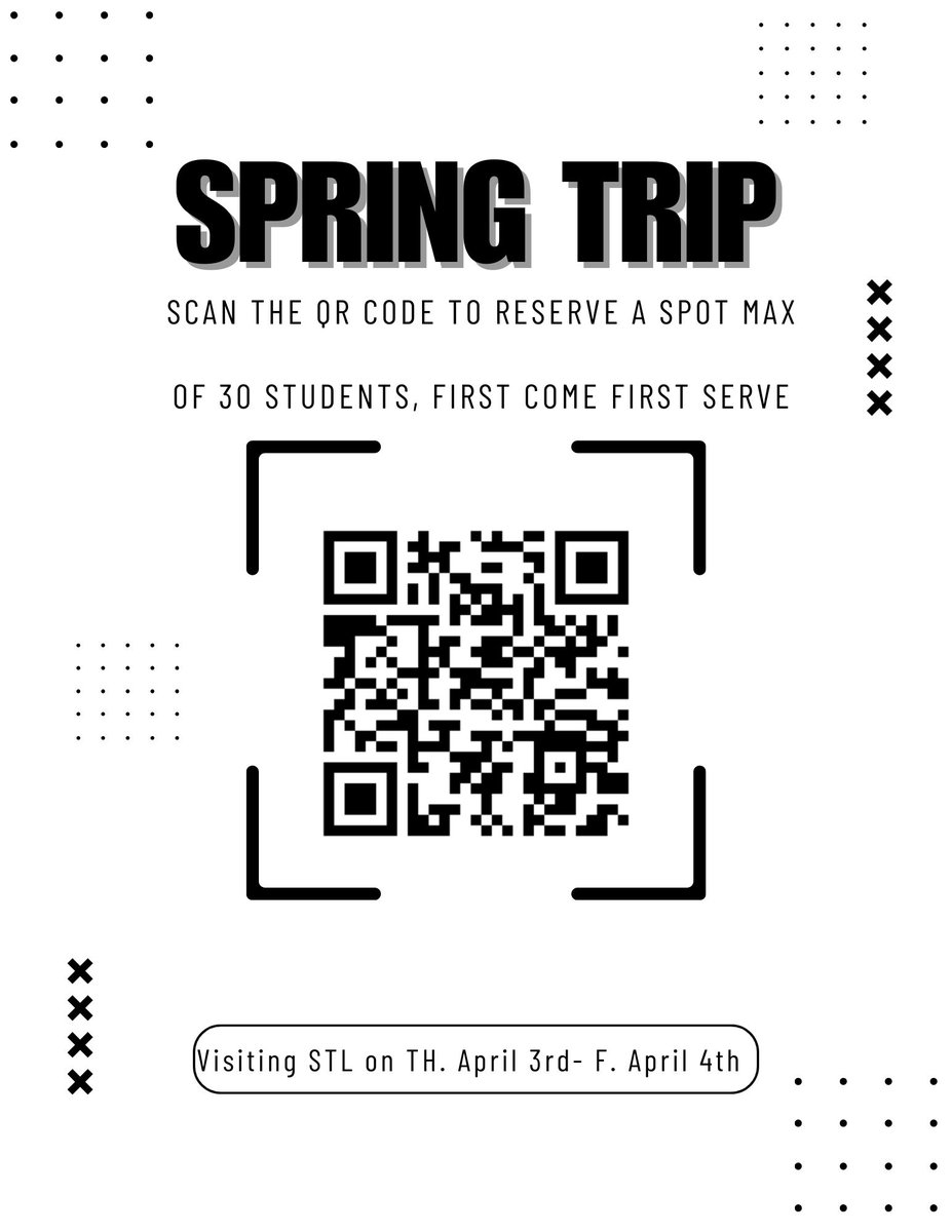MSUCDPM's tweet image. It's almost time for Spring Trip! This year it will be in St. Louis on April 3rd and 4th. Use the QR code to sign up!

#bearbuilt #msucdpm #springtrip