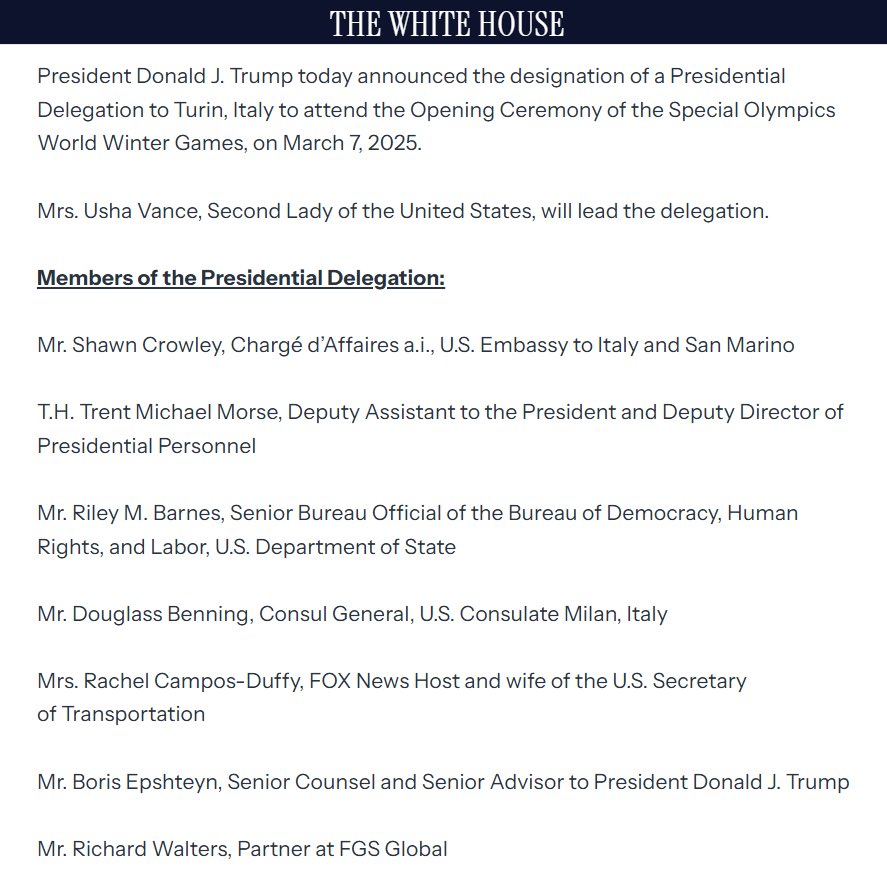 bienvenido_us's tweet photo. 🚨❄️ FOX News host and longtime friend of Bienvenido, Rachel Campos-Duffy, has been named to President Trump’s official delegation to Turin, Italy for the Opening Ceremony of the Special Olympics World Winter Games on March 7, 2025.

@RCamposDuffy will join Second Lady Usha Vance, who is leading the delegation, to represent the United States at this global event celebrating perseverance, competition, and human achievement.

Join us in congratulating her on this well-deserved honor! 👏🇺🇸