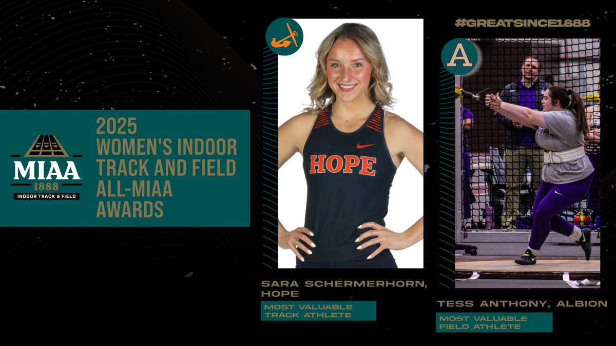 #D3MIAA Sports (@miaa1888) on Twitter photo Hope's Schermerhorn and Albion's Anthony Earn Top Honors as #D3MIAA Announces Women's All-Conference Indoor Track and Field Teams 👟
READ -- bit.ly/3DylOPY
#GreatSince1888 <a href="/AdrianBulldogs/">Adrian College Athletics</a> <a href="/gobrits/">Albion Athletics</a> <a href="/CalvinKnights/">Calvin Knights</a> <a href="/HopeAthletics/">Hope College Athletics</a> <a href="/OlivetAthletics/">The University of Olivet Athletics</a> <a href="/TrineAthletics/">Trine Thunder</a> Hope's Schermerhorn and Albion's Anthony Earn Top Honors as #D3MIAA Announces Women's All-Conference Indoor Track and Field Teams 👟
READ -- bit.ly/3DylOPY
#GreatSince1888 <a href="/AdrianBulldogs/">Adrian College Athletics</a> <a href="/gobrits/">Albion Athletics</a> <a href="/CalvinKnights/">Calvin Knights</a> <a href="/HopeAthletics/">Hope College Athletics</a> <a href="/OlivetAthletics/">The University of Olivet Athletics</a> <a href="/TrineAthletics/">Trine Thunder</a>