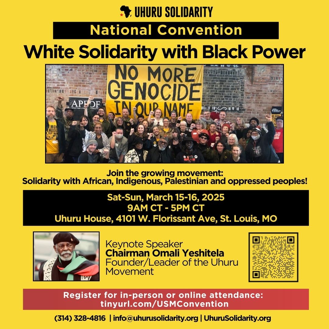 Join the movement for reparations as a revolutionary act of solidarity! Attend the USM National Convention March 15-16 in St. Louis! "White Solidarity with Black Power! Join the growing movement!"

Register today at uhurusolidarity.org/register.