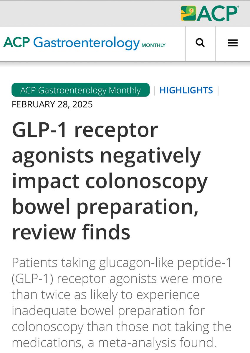 Azizullah Beran, MD, ABOM-D (@azizullahberan) on Twitter photo Thank you <a href="/ACPIMPhysicians/">ACP</a> for highlighting our paper about effect of GLP-1RAs on bowel prep published <a href="/AmJGastro/">AJG - The American Journal of Gastroenterology</a> <a href="/AmCollegeGastro/">ACG</a>
<a href="/Rex_colonoscopy/">Douglas K. Rex, MD</a> <a href="/alhaddad_mo/">Mohammad Al-Haddad, FASGE,FACG, AGAF</a> <a href="/JohnGuardiolaMD/">John Guardiola</a> <a href="/NayfehTarek/">Tarek Nayfeh, MD</a> <a href="/Ayaakhras_/">Aya Akhras, MD</a> <a href="/DarylRamai/">Daryl Ramai, MD, MPH, MSc.</a> <a href="/MouhandMD/">Mouhand Mohamed, MD, MSc</a> <a href="/IUGastro/">Indiana University Gastroenterology and Hepatology</a>
gastroenterology.acponline.org/archives/2025/… Thank you <a href="/ACPIMPhysicians/">ACP</a> for highlighting our paper about effect of GLP-1RAs on bowel prep published <a href="/AmJGastro/">AJG - The American Journal of Gastroenterology</a> <a href="/AmCollegeGastro/">ACG</a>
<a href="/Rex_colonoscopy/">Douglas K. Rex, MD</a> <a href="/alhaddad_mo/">Mohammad Al-Haddad, FASGE,FACG, AGAF</a> <a href="/JohnGuardiolaMD/">John Guardiola</a> <a href="/NayfehTarek/">Tarek Nayfeh, MD</a> <a href="/Ayaakhras_/">Aya Akhras, MD</a> <a href="/DarylRamai/">Daryl Ramai, MD, MPH, MSc.</a> <a href="/MouhandMD/">Mouhand Mohamed, MD, MSc</a> <a href="/IUGastro/">Indiana University Gastroenterology and Hepatology</a>
gastroenterology.acponline.org/archives/2025/…