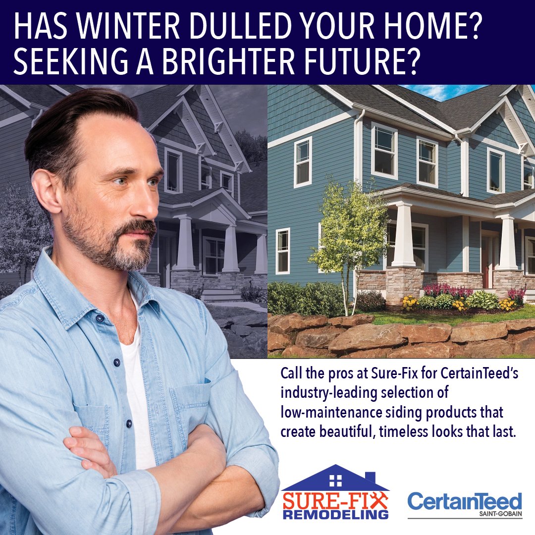 SureFixLV's tweet photo. Tired of living in a house that's as dull as your aunt's gossip? 😴 Brighten things up with CertainTeed siding! Our attractive financing options make your dream home a reality! Call 610-392-0990 today! https://t.co/TNLpbAnK4x