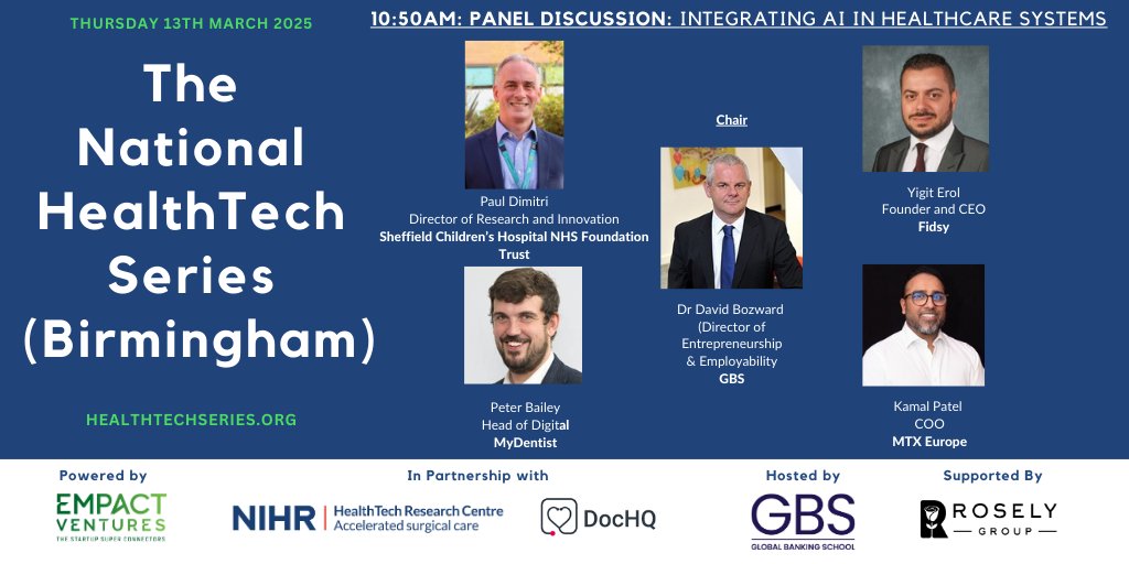 empactventures's tweet image. Join us on 13/03 for our Super Connect Expo at the National #HealthTech Series in #Birmingham

Integrating #AI in #Healthcare systems with @GBSknowledge

➡️ Sheffield Children&apos;s Hospital NHS Foundation Trust 

➡️ Fidsy

➡️ @mydentist_uk  

➡️ MTX Europe

bit.ly/nhtsldn25wp