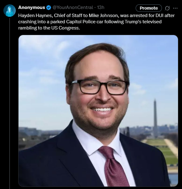 YourAnonCentral's tweet photo. Johnson's best buddy, Chief of Staff, and rumored secret love partner, was arrested that same night outside of congress for driving drunk and smashing into a cop car. https://t.co/TAFbeXrbZW