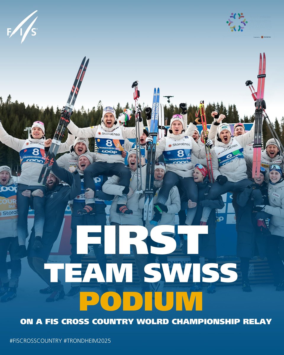 FISCrossCountry's tweet photo. The magical Swiss 🇨🇭 team spirit payed off. Cyril, Jonas, Jason and Valerio dug deep to offer to Switzerland their 1st ever World Championship relay podium 🥈 

Congrats 👏 

#fiscrosscountry #wintersport #trondheim2025 #wsc https://t.co/G2OotZnfG3