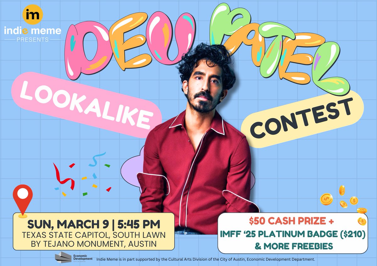🎬✨ DEV PATEL LOOKALIKE CONTEST! ✨🎬
Think you’ve got the charm, curls, or smolder? Now’s your time to shine! 🤩
📅 Sun, March 9 | ⏰ 5:45 PM
📍 TX Capitol South Lawn
🏆 Win $50, IMFF Platinum Badge &amp; more! FREE EVENT! Sign up: bit.ly/41IabiG
  #DevPatel #SXSW2025 #ATX