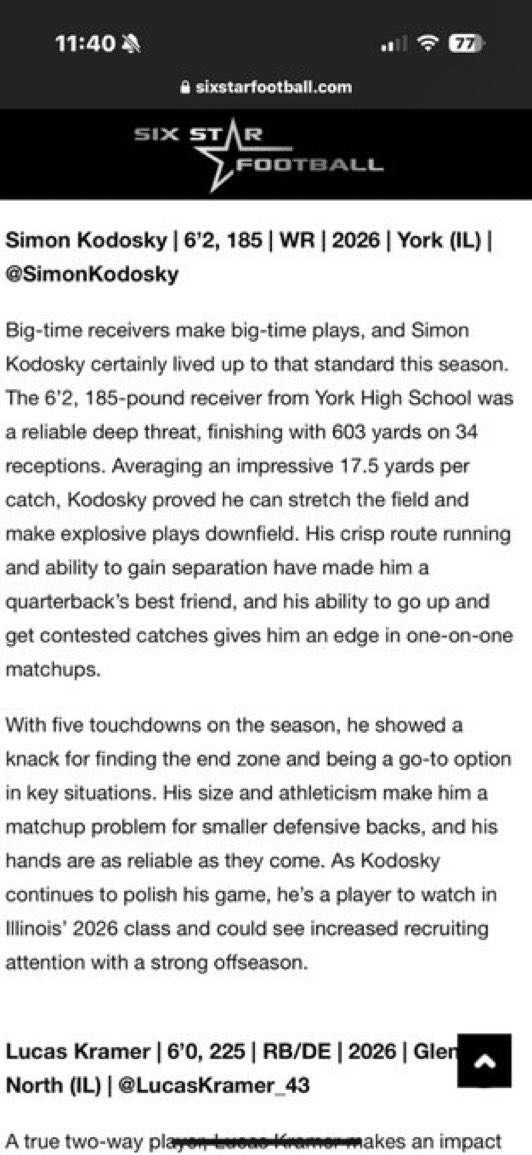 Simon Kodosky (@simonkodosky) on Twitter photo Thank you <a href="/sixstarfootball/">Six Star Football | PLUS+</a> for the article and write up. <a href="/DonGelsomino/">Don Gelsomino</a> <a href="/YorkDukesFB/">York Dukes Football</a>
<a href="/EDGYTIM/">Timothy “EDGYTIM” OHalloran</a> <a href="/PrepRedzoneIL/">Prep Redzone Illinois</a> @HSFBscout <a href="/MattBowen41/">Matt Bowen</a> <a href="/LemmingReport/">Tom Lemming</a> <a href="/TomLoy247/">Tom Loy</a> <a href="/Bryan_Ault/">Bryan Ault - Midwest Scout</a> Thank you <a href="/sixstarfootball/">Six Star Football | PLUS+</a> for the article and write up. <a href="/DonGelsomino/">Don Gelsomino</a> <a href="/YorkDukesFB/">York Dukes Football</a>
<a href="/EDGYTIM/">Timothy “EDGYTIM” OHalloran</a> <a href="/PrepRedzoneIL/">Prep Redzone Illinois</a> @HSFBscout <a href="/MattBowen41/">Matt Bowen</a> <a href="/LemmingReport/">Tom Lemming</a> <a href="/TomLoy247/">Tom Loy</a> <a href="/Bryan_Ault/">Bryan Ault - Midwest Scout</a>