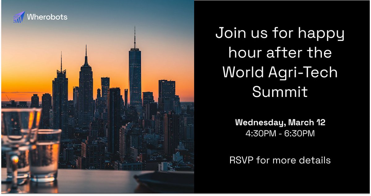 If you're heading to the <a href="/WorldAgriTech/">World Agri-Tech</a> Summit next week, join us for a nearby happy hour after the conference! Space is limited, so please RSVP to reserve your spot and get more details. 🍹 bit.ly/3F9b2Af