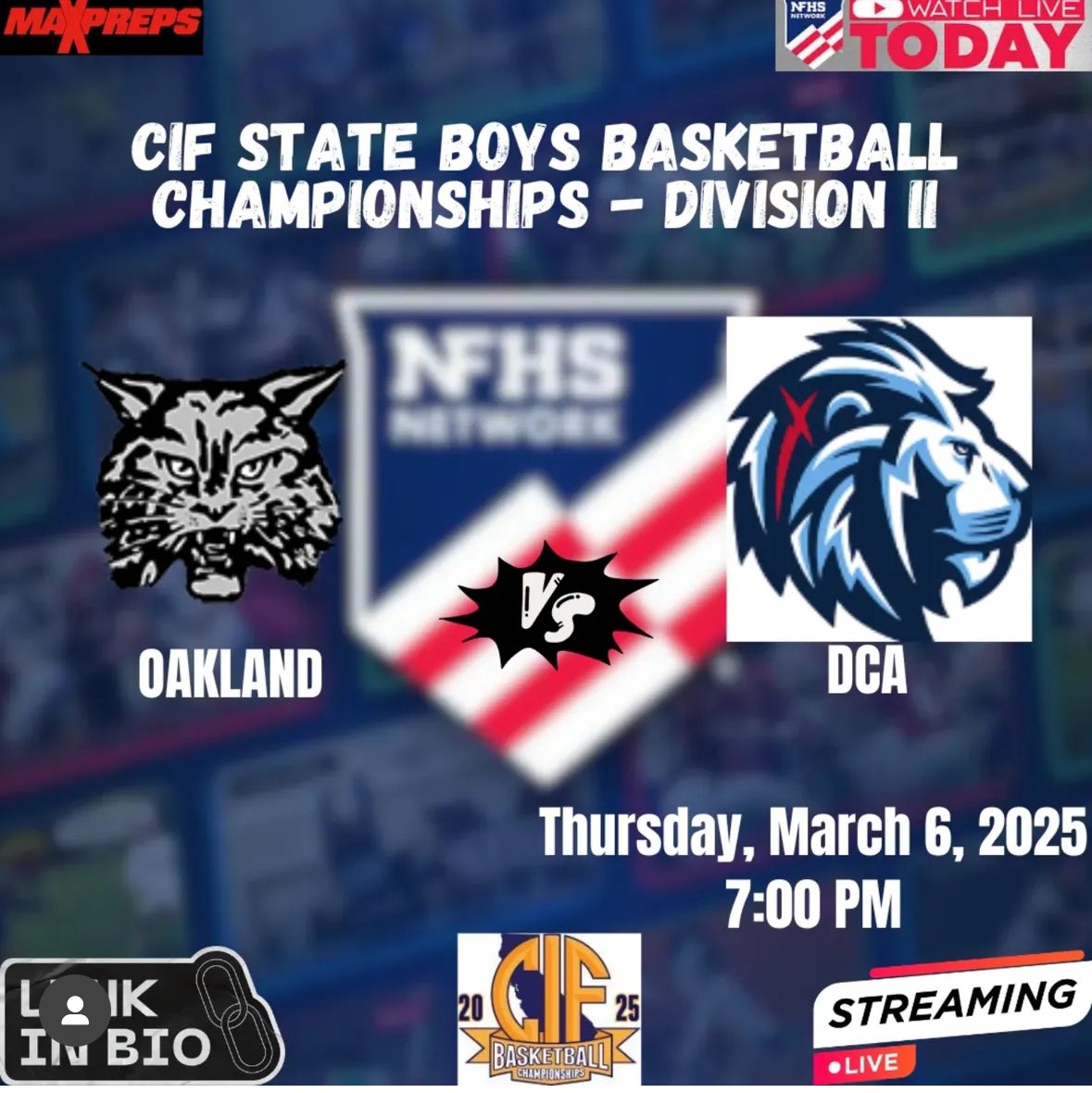 GAMEDAY!  DCA will host Oakland tonight at 7p for rnd 2 of state playoffs - winner moves on to the NorCal semifinals Saturday-come support your Lions!
<a href="/Go_DCAAthletics/">Go DCA Athletics</a> 
<a href="/CoachLorente/">Coach Lorente</a> 
<a href="/jaylen_valdez24/">Jaylen Valdez</a> 
<a href="/jephtetambala23/">Jephte Tambala</a> 
<a href="/MoKam_12/">Mohamed Kamara</a> 
<a href="/just_myles25/">Myles Wiggins</a> 
<a href="/nickandreotti_/">nick andreotti</a> 
<a href="/simplyy_bball/">SIMPLY BASKETBALL</a>