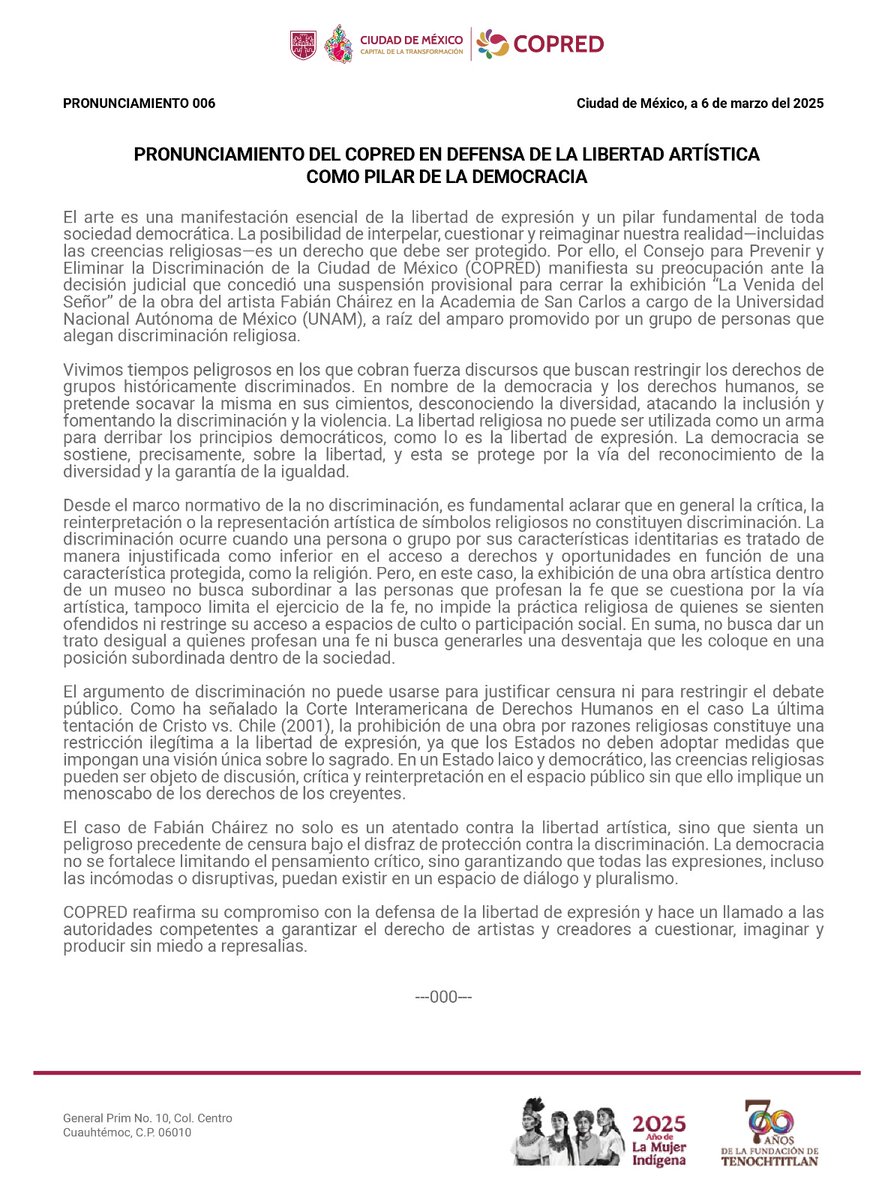 #Pronunciamiento en el #COPRED nos pronunciamos en defensa del arte como libertad artística al ser una manifestación esencial de la libertad de expresión y un pilar fundamental de toda sociedad democrática.
copred.cdmx.gob.mx/comunicacion/n…