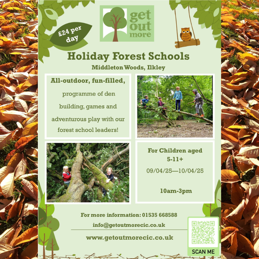 Get Out More CIC [<a href="/getoutmorecic/">Get Out More CIC</a>] has announced its Easter Holiday Forest Schools at Middleton Woods #Ilkley.
Follow the link to find out more and book your child’s place: getoutmorecic.co.uk/forestschool/h…
Ilkley Chat followers can claim a 10% discount booking using the code “Ilkley10”!