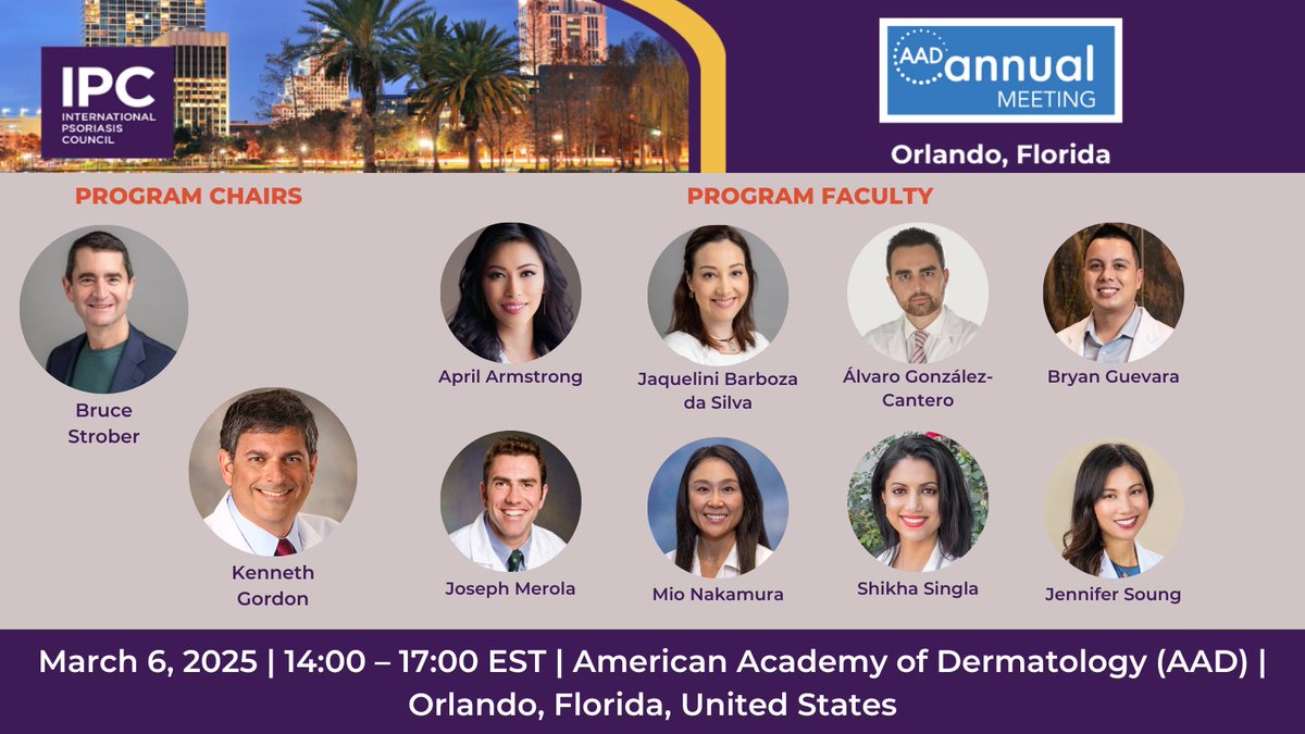 The #IPC symposium at #AAD2025, Preventing Comorbid Disease in Psoriasis, is today at 2:00 PM EST in Orange County Convention Center, Room W204ABC, Level 2, West Concourse. Thank you to @AbbVie for supporting this symposium! 

psoriasiscouncil.org/event-post/aad… 

#IPCEvent #IPCSymposium