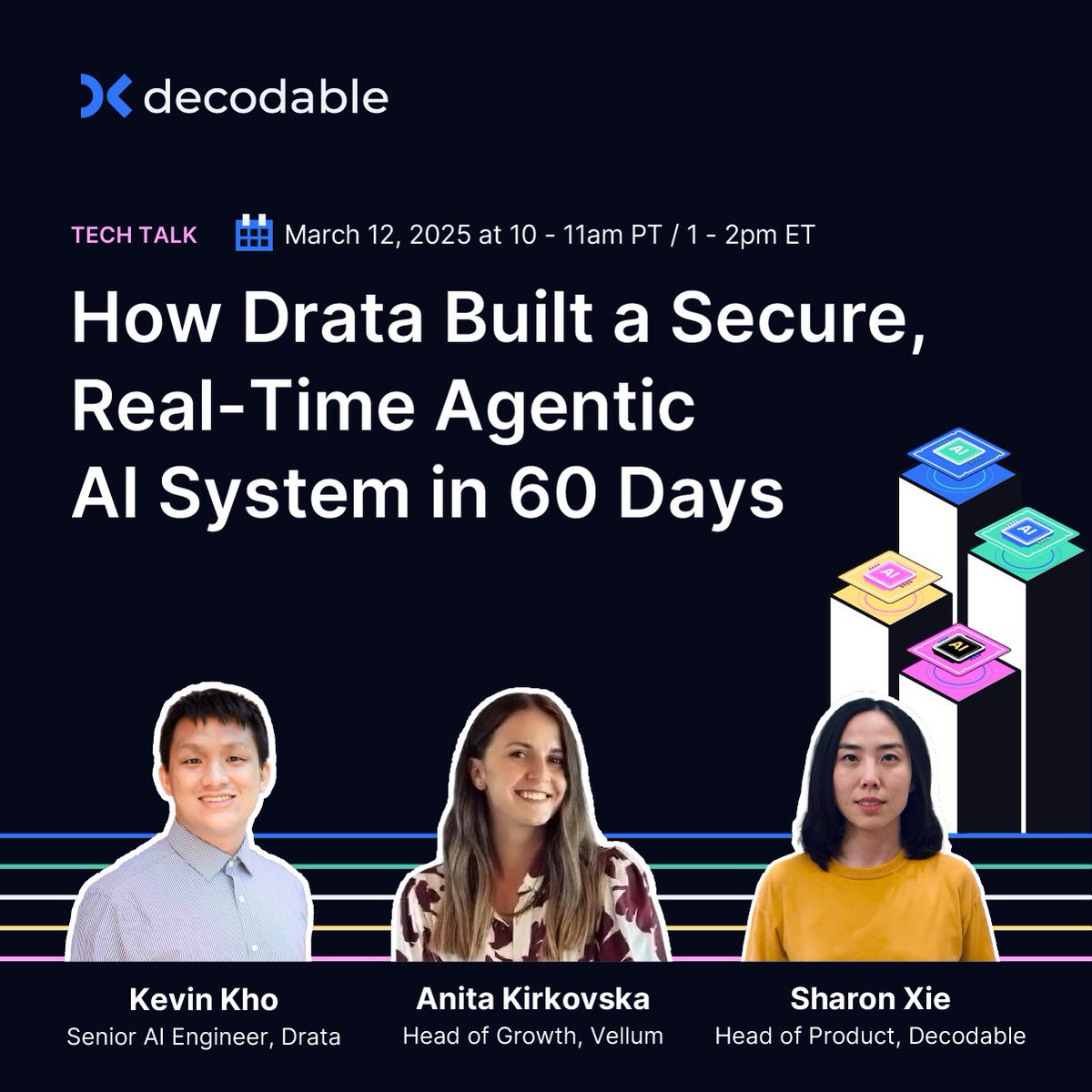 How does <a href="/DrataHQ/">Drata</a> process millions of events per day across thousands of isolated vector databases? By leveraging Decodable for real-time data ingestion and @Vellum_AI to rapidly experiment and validate AI features. Join our tech talk to learn more 👉 dcdbl.co/43gfMyc