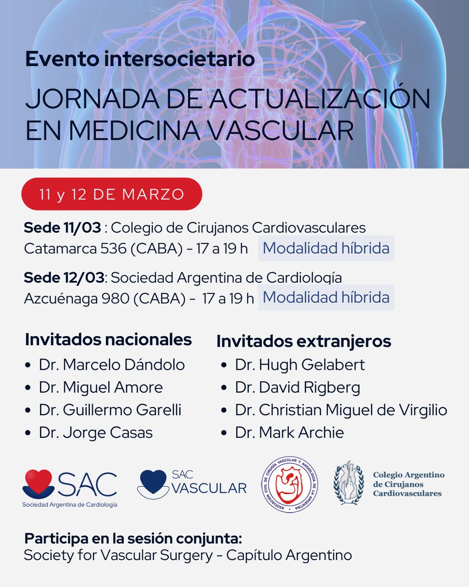 🔵Evento intersocietario 🔺Jornada de Medicina Vascular

📌11 y 12 de marzo - Modalidad híbrida

✅Participación presencial requiere inscripción previa ❗

🔹Más información 👉🔗 sac.org.ar/sac-eventos/jo…