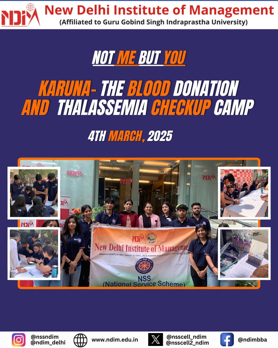 nsscell2_ndim's tweet photo. NSS Cell of NDIM (Unit 1 &amp; 2) in collab with Rotaract Club of NDIM, IQAC &amp; IIC organised Karuna The Blood Donation &amp; -Thalassemia Check Up Camp on 4th March, 2025 We successfully donated 50 Units of Blood to Rotary Blood Bank, our official collaborator for the event

#nss https://t.co/aoQRjOx5II
