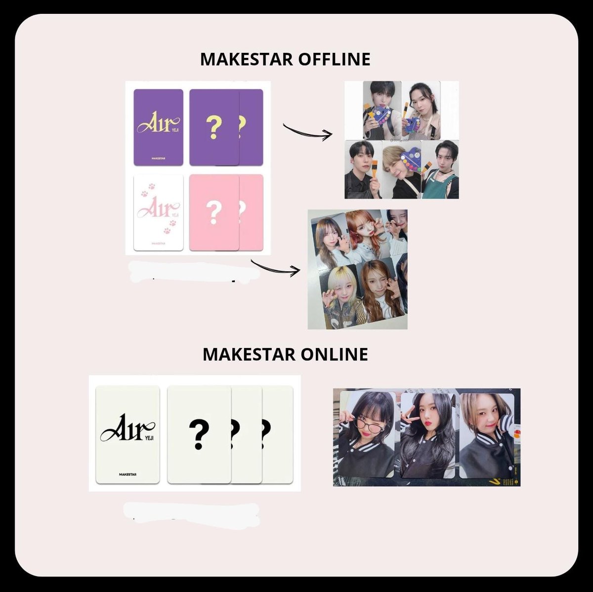 CEG YEJI AIR

makestar air
• R$160 o set com 4 pcs
• R$80 cada set (2 pcs)
• R$85 cada pob + inclusões 

makestar offline
• R$135 o set com 3 pcs
• R$85 cada pob + inclusões 

- tenho fbs positivos 

itzy venda vendo