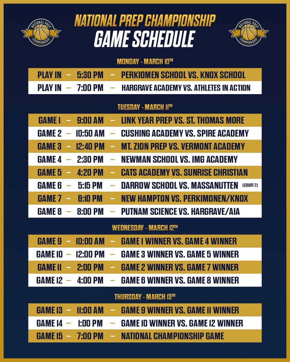 * COACHES * 

Will be competing in the National Prep Championship for Spire Academy.

1st game is Tuesday @ 10:30am vs Cushing Academy.

C/O 2025 6’4 G 
Still Available