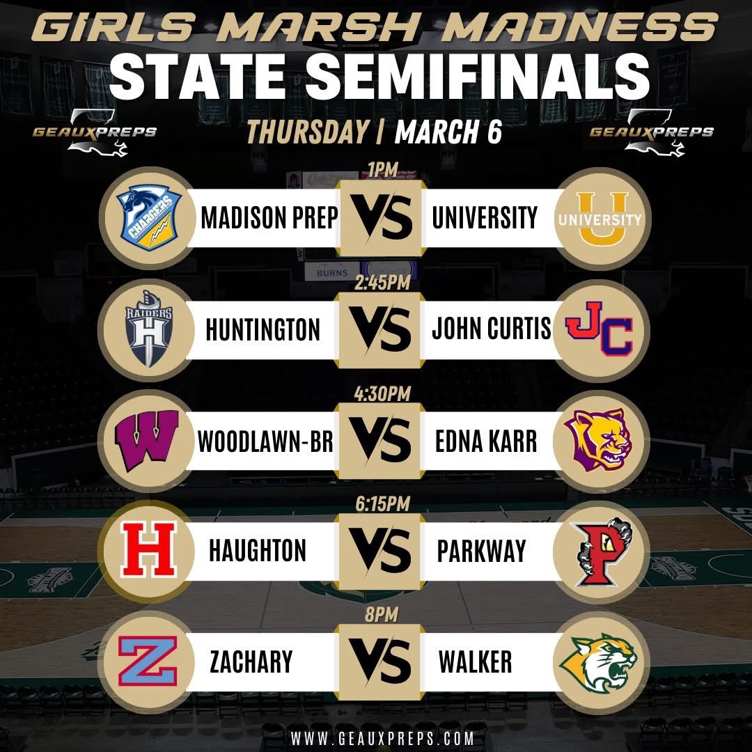 Day 4 of LHSAA Girls Marsh Madness tips off at 1 pm! 🏀

🔗 Keep up with live stats, scores, and more here: tinyurl.com/a5c3dpk8