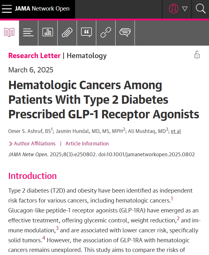 JAMA Network Open (@jamanetworkopen) on Twitter photo GLP-1 receptor agonists may be associated with reduced of developing hematologic malignancies for patients with type 2 diabetes. ja.ma/43owJX2 <a href="/OmerAshruf/">Omer Ashruf</a> GLP-1 receptor agonists may be associated with reduced of developing hematologic malignancies for patients with type 2 diabetes. ja.ma/43owJX2 <a href="/OmerAshruf/">Omer Ashruf</a>