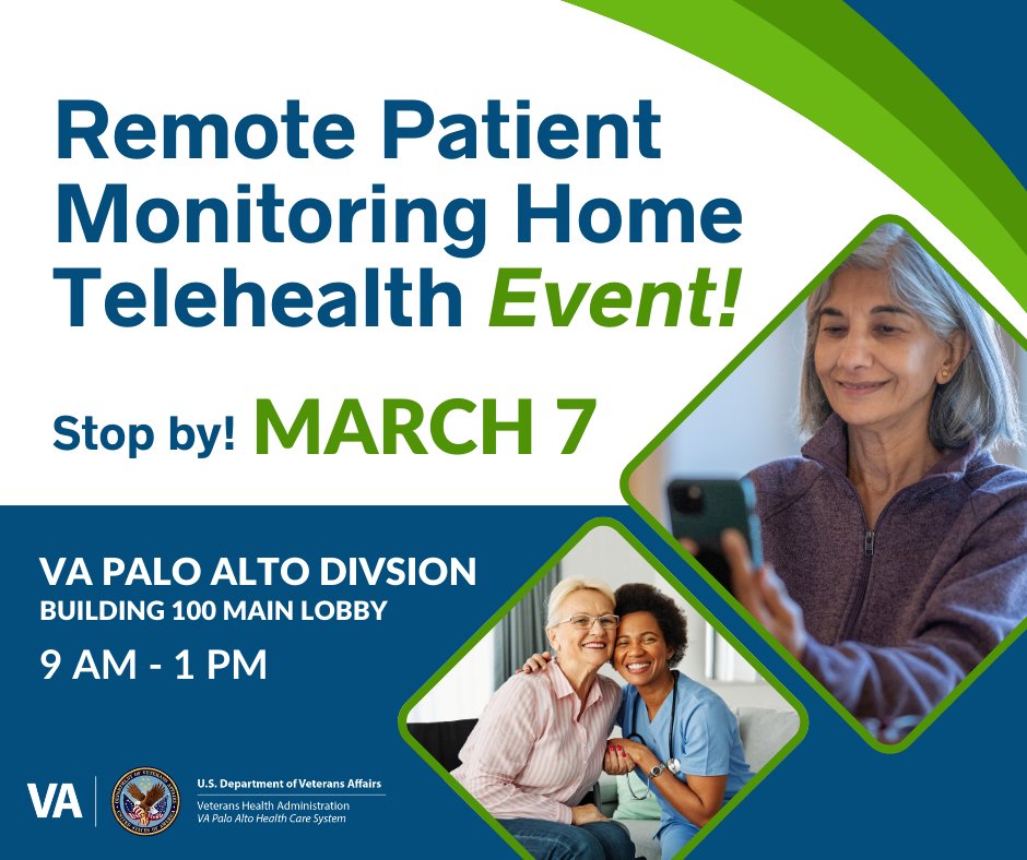 VAPaloAlto's tweet image. Join us at the Palo Alto Division lobby on March 7th, 9 AM - 1 PM for a session on Remote Patient Monitoring - Home Telehealth (RPM-HT)! Learn how this free service aids Veterans with a Nurse Care Coordinator. #VeteranHealth #RemotePatientMonitoring #HomeTelehealth